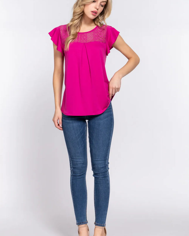 ACTIVE BASIC Ruffle Short Sleeve Lace Detail Knit Top