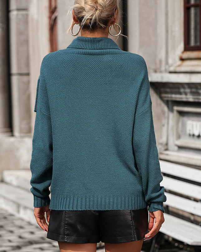 Turtle Neck Tassel Front Long Sleeve Pullover Sweater