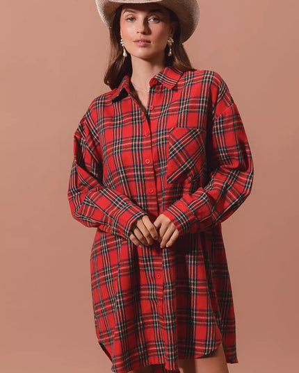 SO ME Christmas Checker Plaid Button Up Shirt Dress