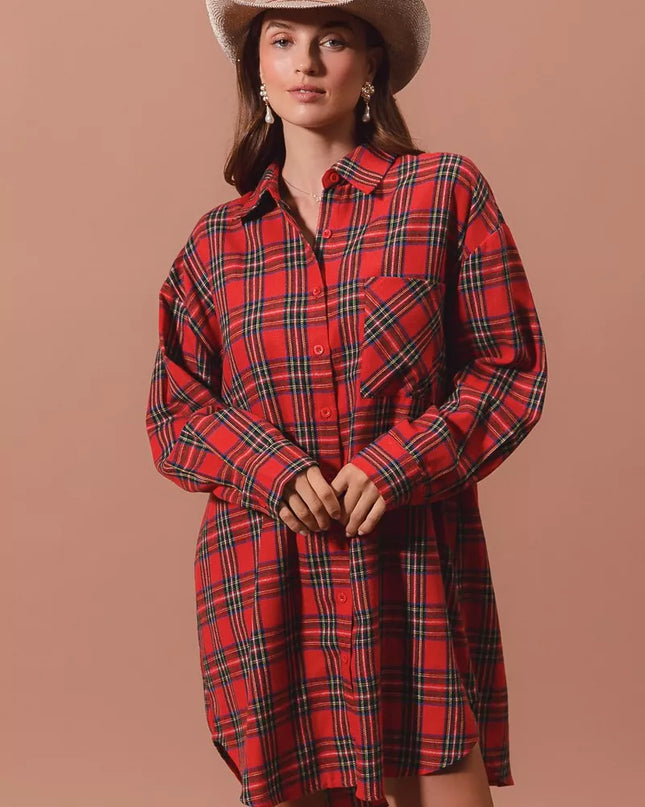 SO ME Christmas Checker Plaid Button Up Shirt Dress