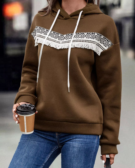 Fringe Detail Long Sleeve Drawstring Hoodie