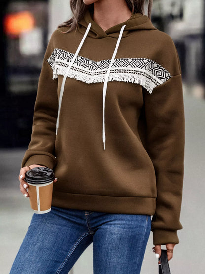 Fringe Detail Long Sleeve Drawstring Hoodie