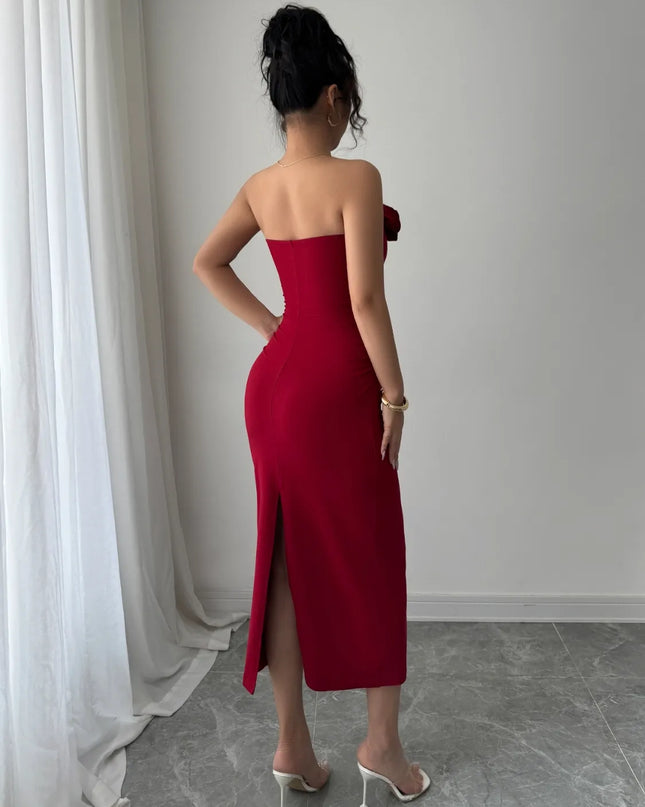 Slit Back Flower Tube Midi Dress 