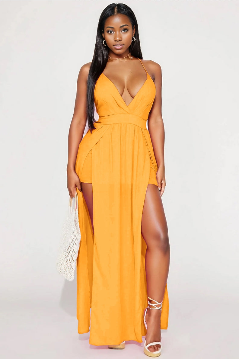 Slit Front Crisscross Back Maxi Dress Light orange