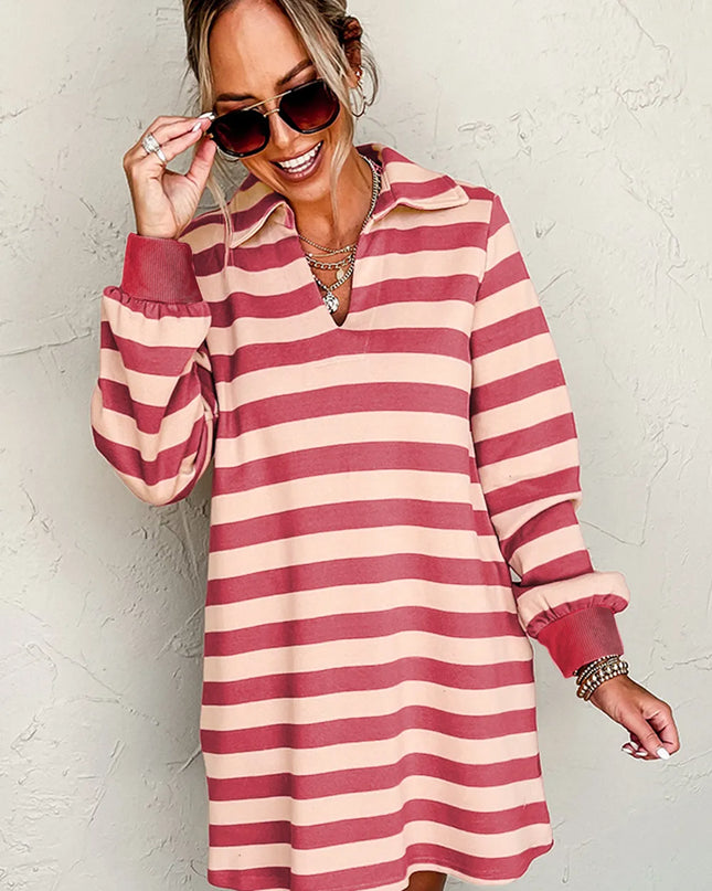 Contrast Striped Johnny Collar Long Sleeve Mini Dress