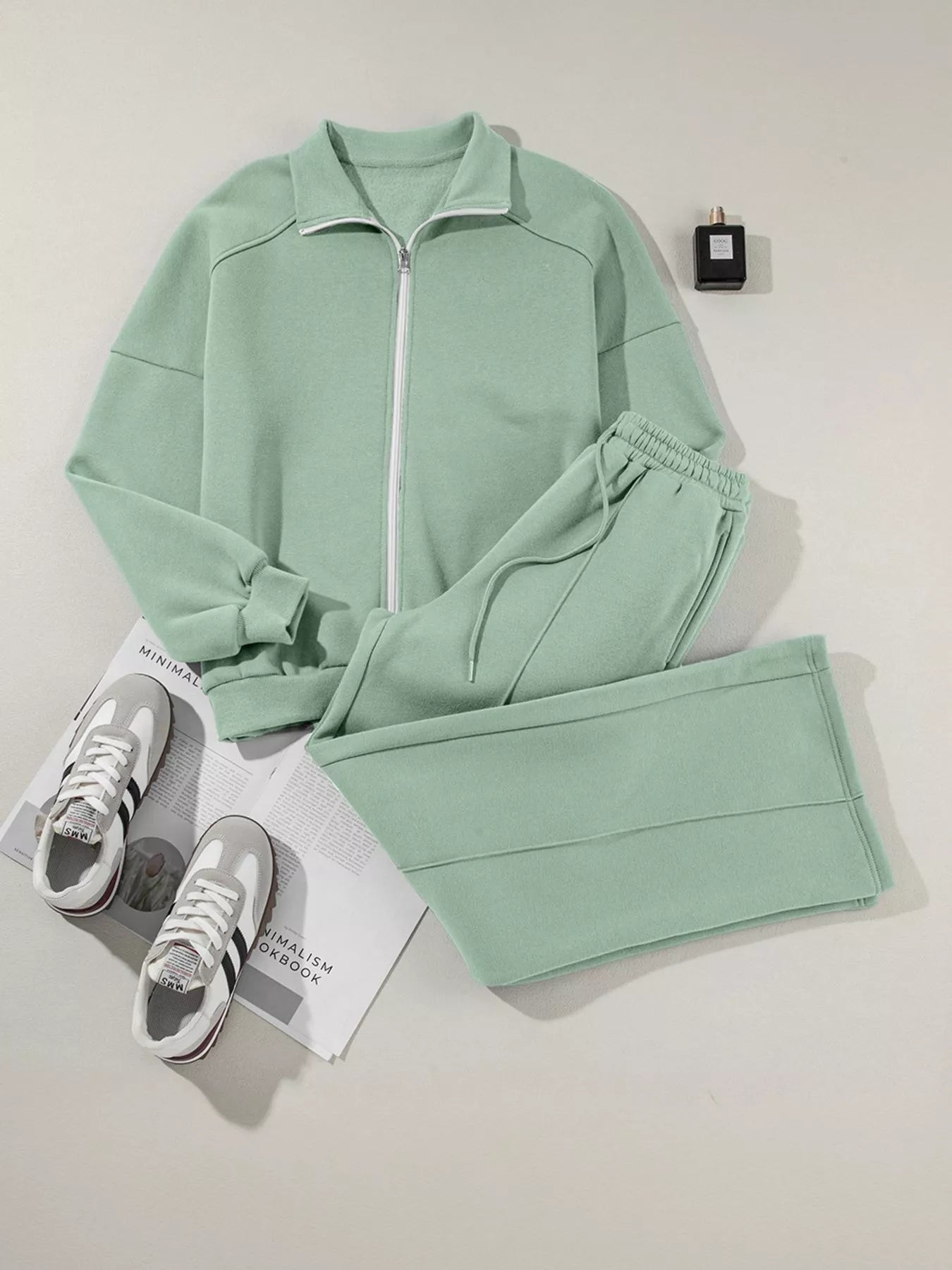 Drop Shoulder Zip Up Jacket and Drawstring Pants Active 2pcs Set