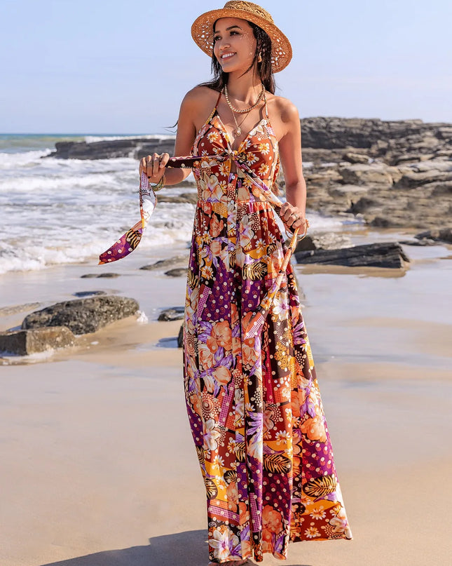 Slit Printed Halter Neck Cami Dress 