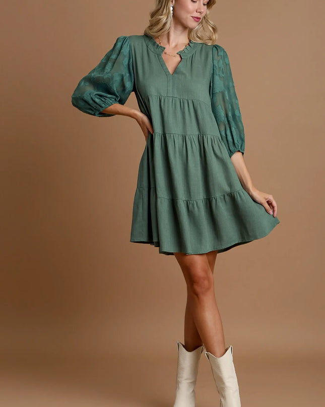 Umgee Floral Contrast Sleeve Tiered Dress