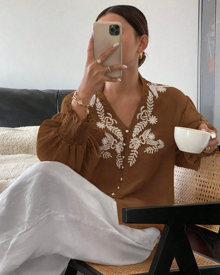 Embroidered Lantern Sleeve Blouse