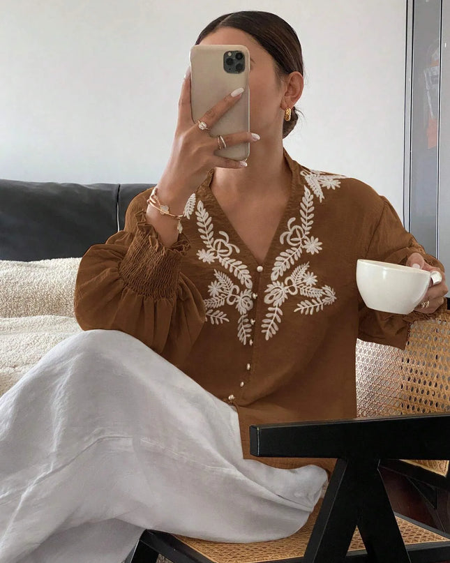 Embroidered Lantern Sleeve Blouse