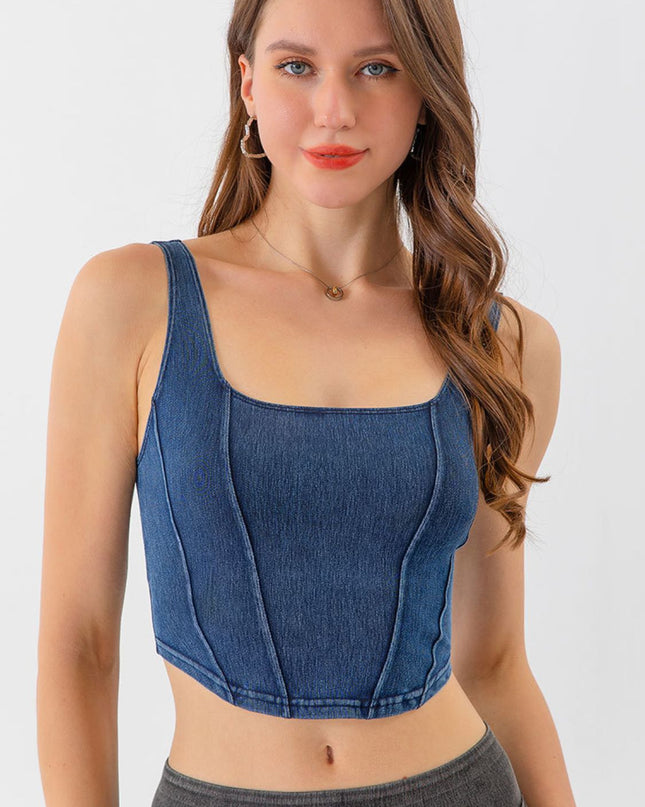 Seam Detail Cropped Denim Tank Dusty Blue