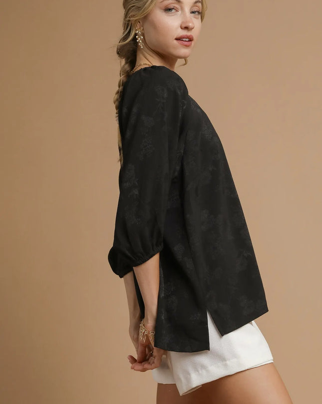 Umgee Satin Jacquard Balloon Sleeve Blouse