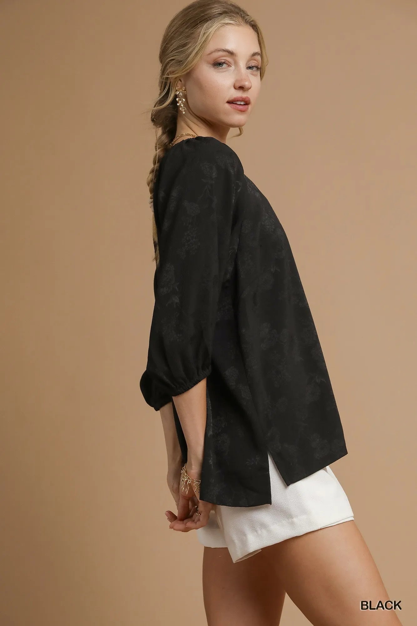 Umgee Satin Jacquard Balloon Sleeve Blouse