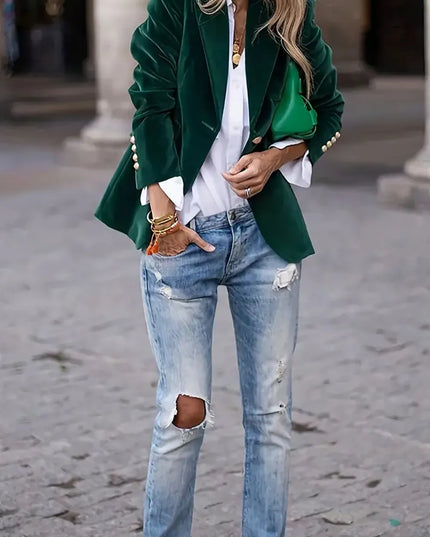 One Button Lapel Collar Long Sleeve Blazer