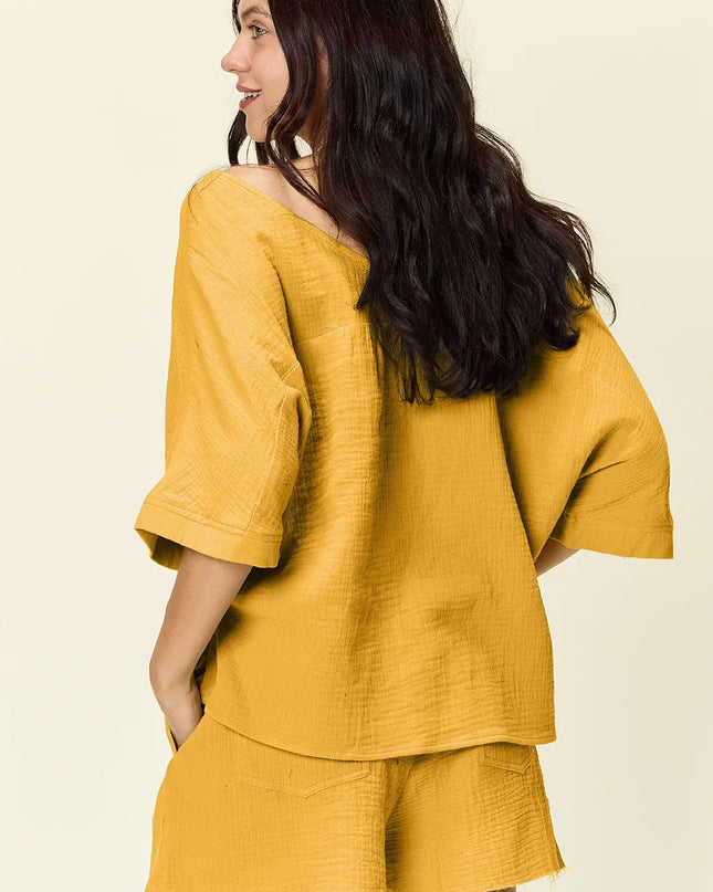 Double Take Texture Half Sleeve T-Shirt and Drawstring Shorts Set