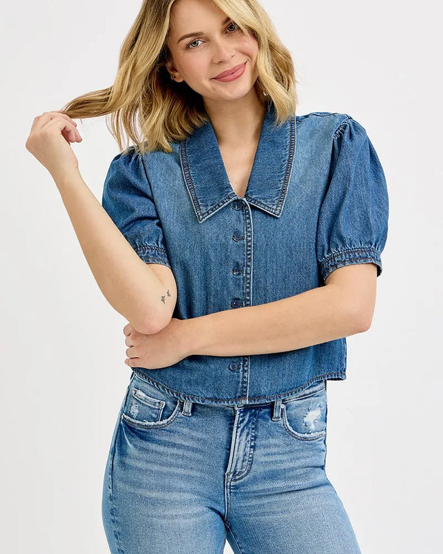 RISEN Button Down Puff Sleeve Crop Denim Shirt