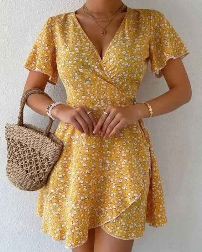 Floral Flutter Sleeve Wrap Mini Dress