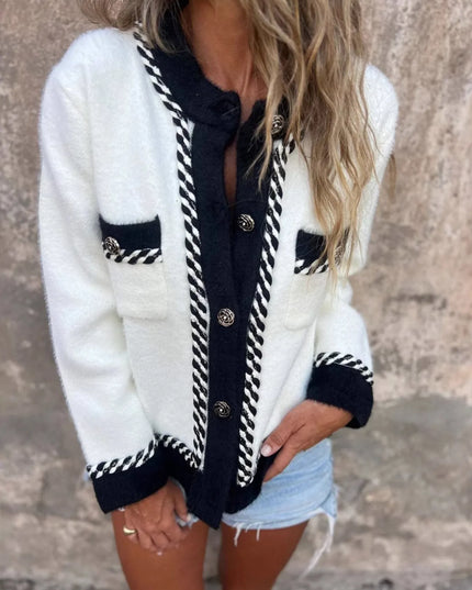 Contrast Trim Button Up Cardigan White