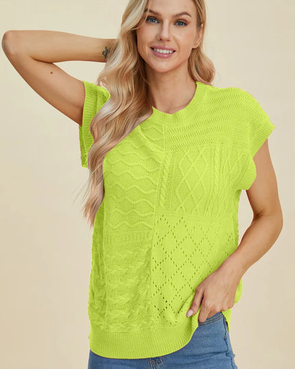 Double Take Full Size Cable-Knit Round Neck Cap Sleeve Sweater