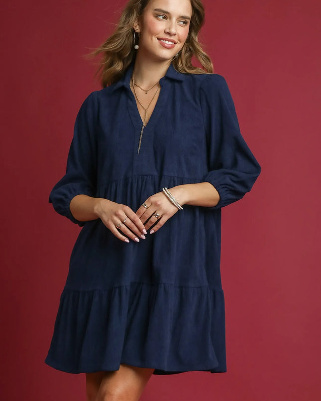 Umgee Tiered Corduroy Mini Dress with Balloon Sleeves Navy