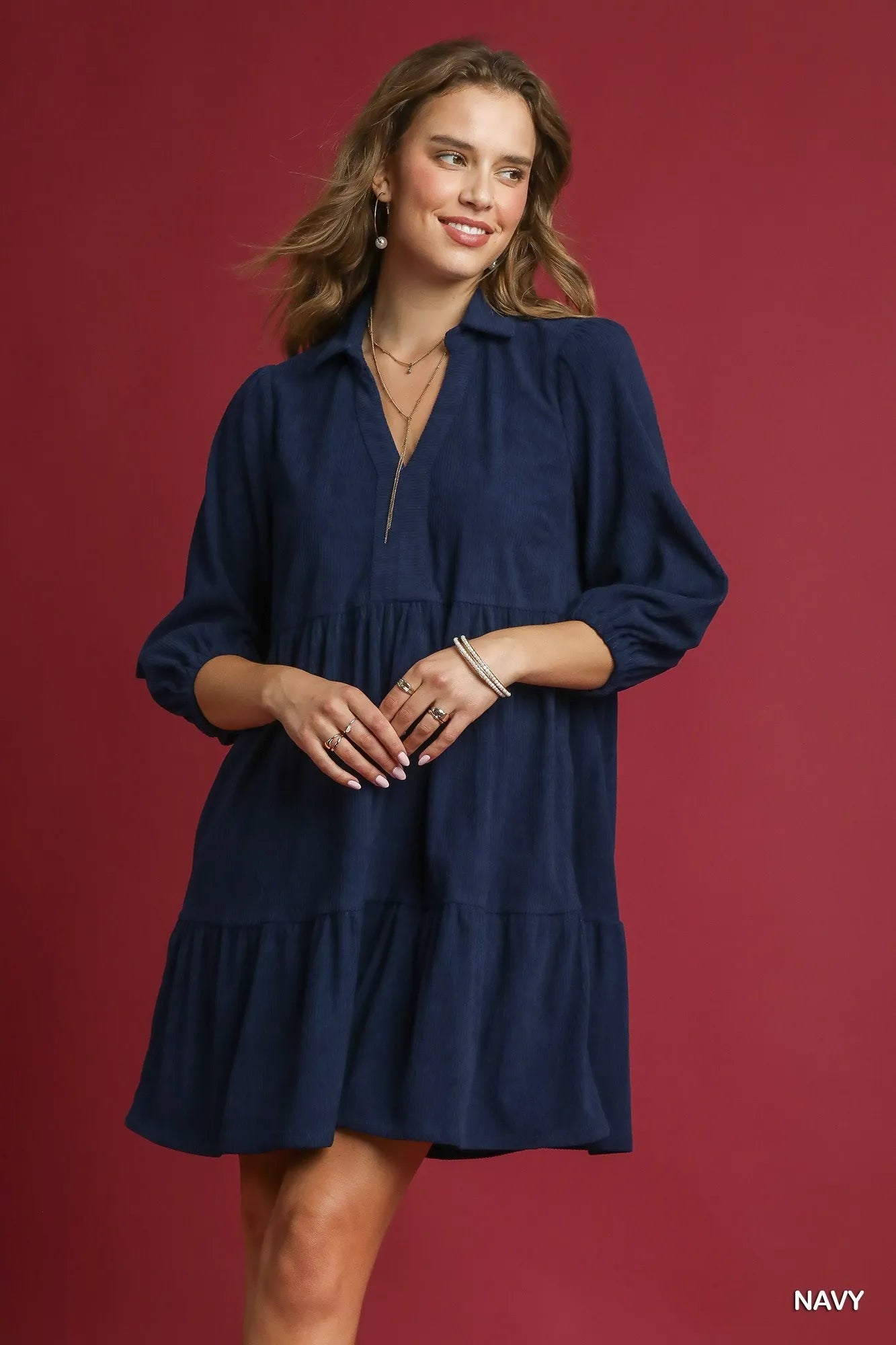 Umgee Tiered Corduroy Mini Dress with Balloon Sleeves Navy