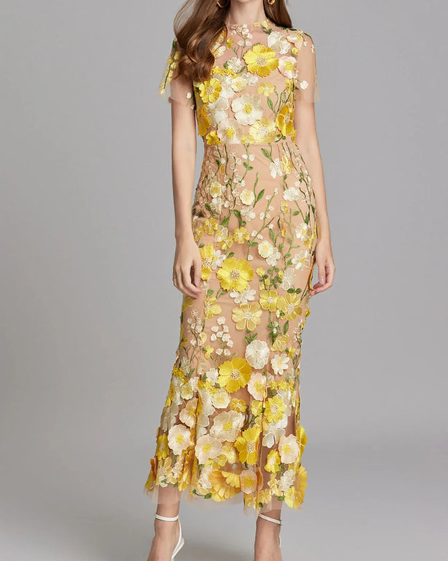 Floral Embroidered Mesh Overlay Maxi Dress