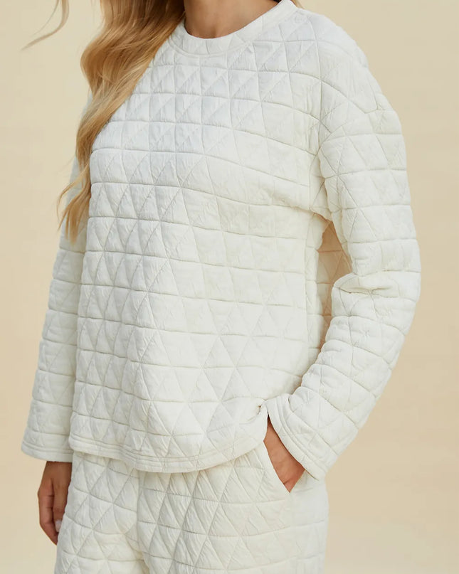 Double Take Full Size Texture Round Neck Long Sleeve Top and Pants Set