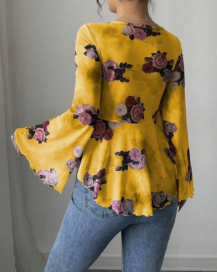 Floral Tie Front Flare Sleeve Blouse
