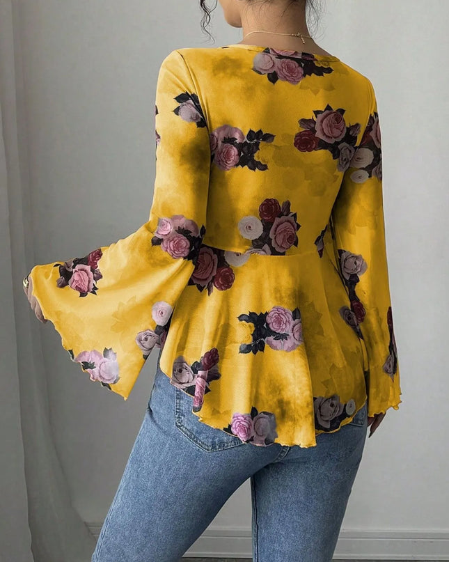Floral Tie Front Flare Sleeve Blouse
