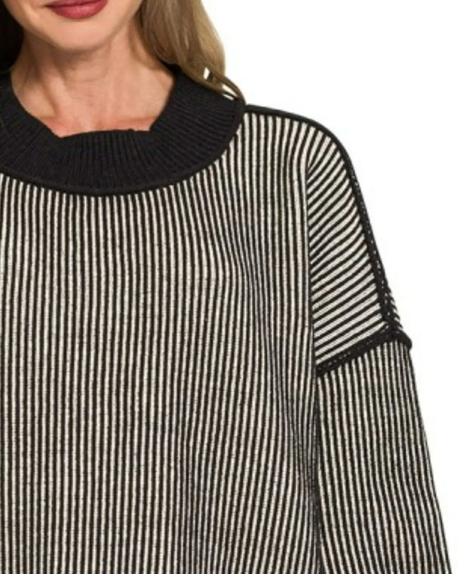 Zenana Exposed Seam Two Tone Ribbed Sweater