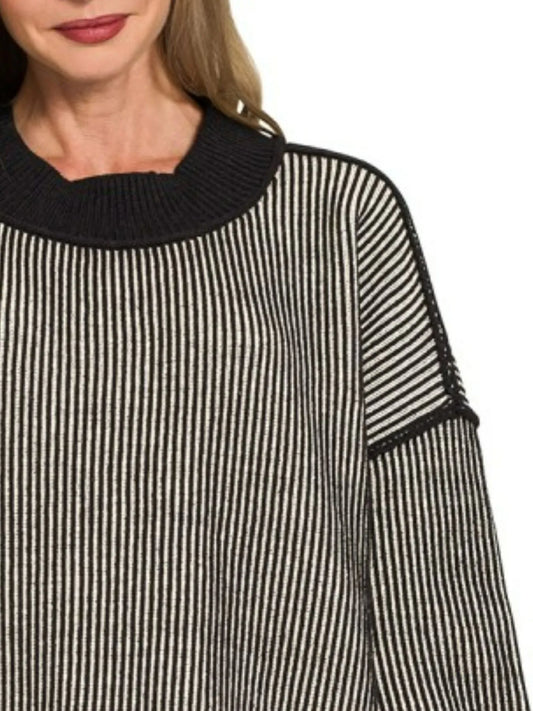 Zenana Exposed Seam Two Tone Ribbed Sweater