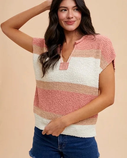 Annie Wear Low Gauge Color Block Textured Sweater Top PEACH IVORY
