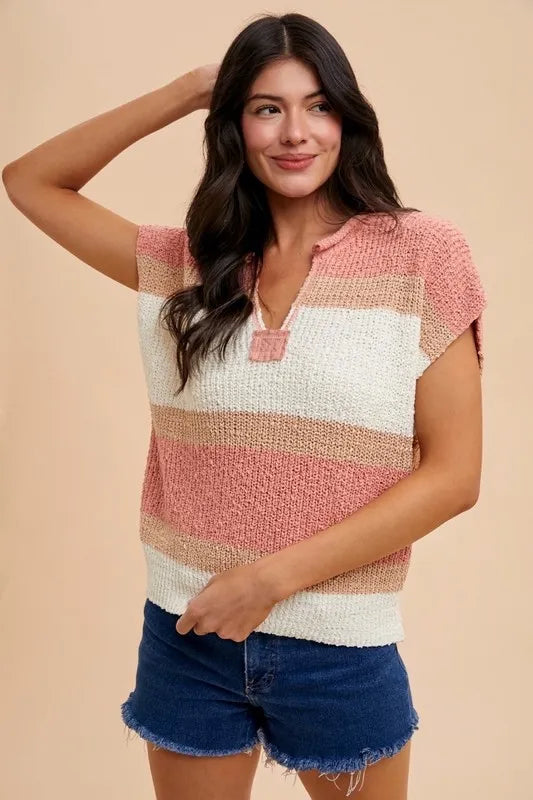 Annie Wear Low Gauge Color Block Textured Sweater Top PEACH IVORY