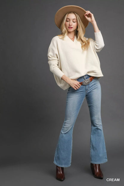 Umgee V-Neck Sweater with Wide Trim Detail