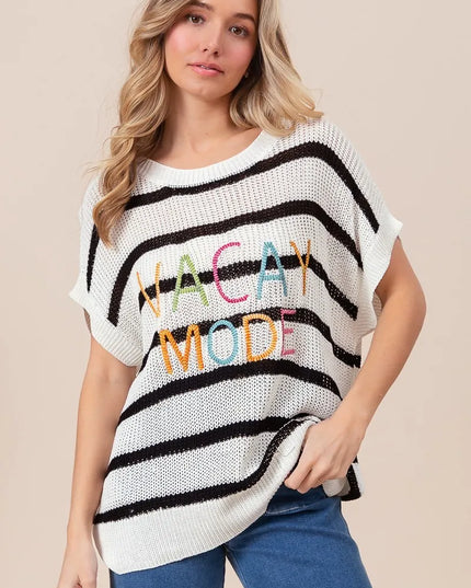 BiBi Vacay Mode Lettering Drop Shoulder Striped Sweater BLACK
