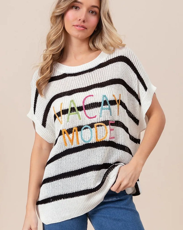 BiBi Vacay Mode Lettering Drop Shoulder Striped Sweater BLACK