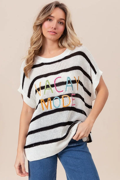 BiBi Vacay Mode Lettering Drop Shoulder Striped Sweater BLACK