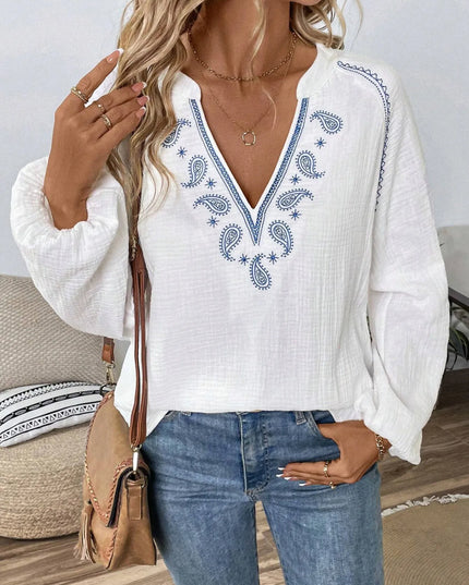 Paisley Pattern Notched Long Sleeve Blouse