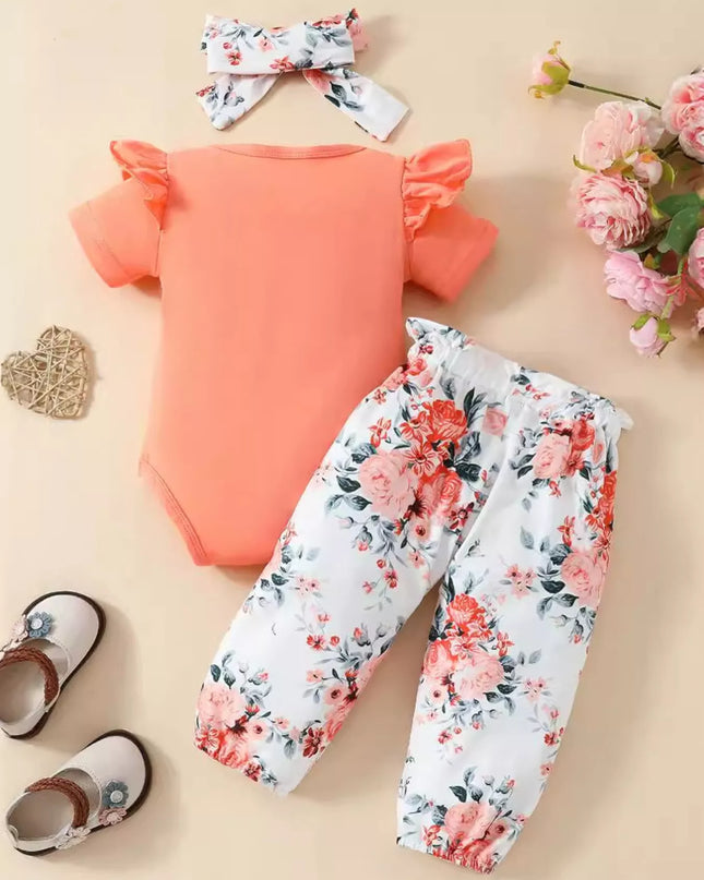 Children's Ruffled Short Sleeve Bodysuit and Pants Set with Headband