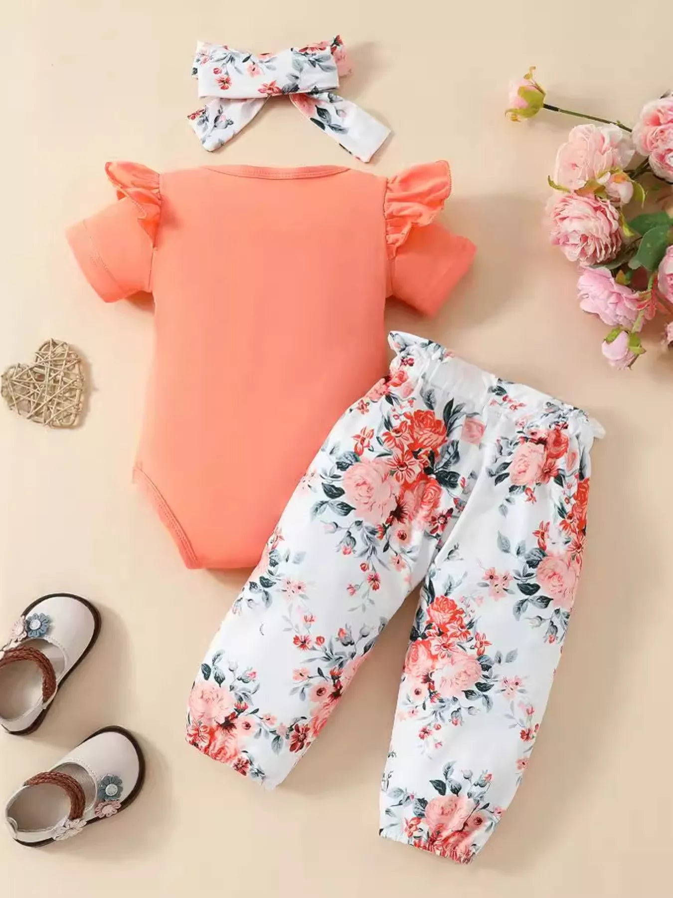 Children's Ruffled Short Sleeve Bodysuit and Pants Set with Headband