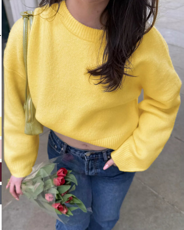 Ribbed Round Neck Dropped Shoulder Sweater Yellow