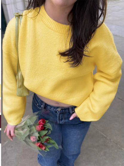 Ribbed Round Neck Dropped Shoulder Sweater Yellow