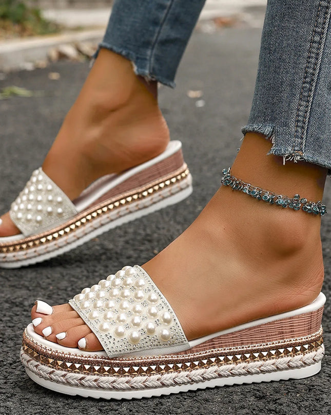 Pearl Embellished Platform Slide Sandals 