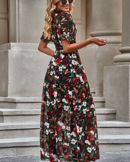 Floral V-Neck Short Flounce Sleeve Dress 