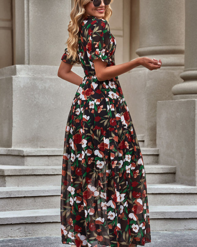 Floral V-Neck Short Flounce Sleeve Dress 