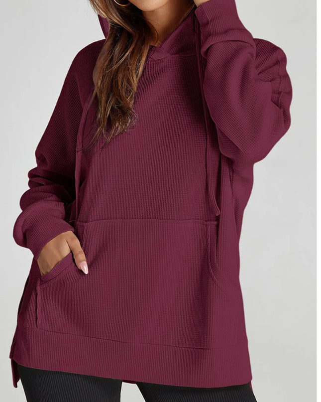 Slit Drawstring Waffle Knit Hoodie Burgundy