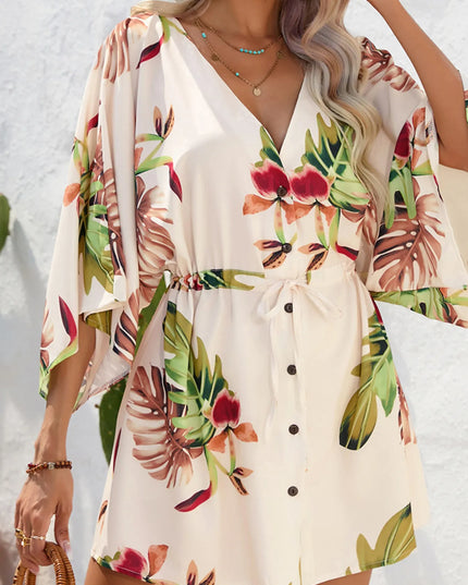 Color Block Drawstring Waist Button Up Dress