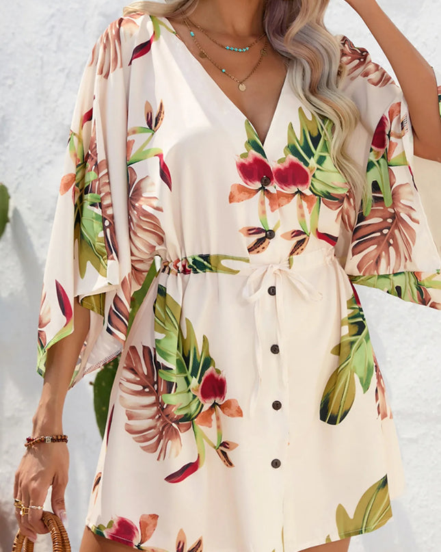 Color Block Drawstring Waist Button Up Dress