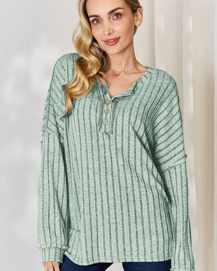 Basic Bae Full Size Ribbed Half Button Long Sleeve T-Shirt Light Green