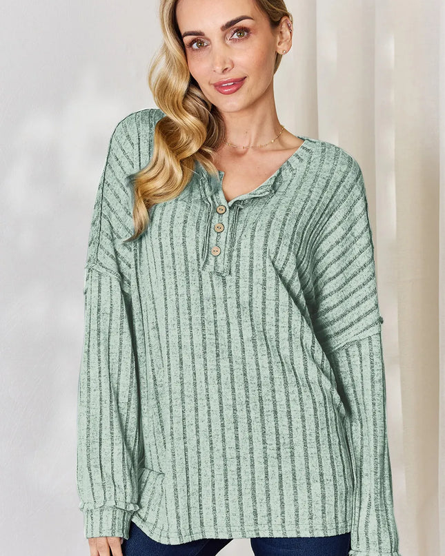 Basic Bae Full Size Ribbed Half Button Long Sleeve T-Shirt Light Green